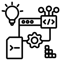 "Een icoon dat technologie, automatisering en integratie weergeeft met symbolen zoals een lichtbol, scherm en tandwiel."
