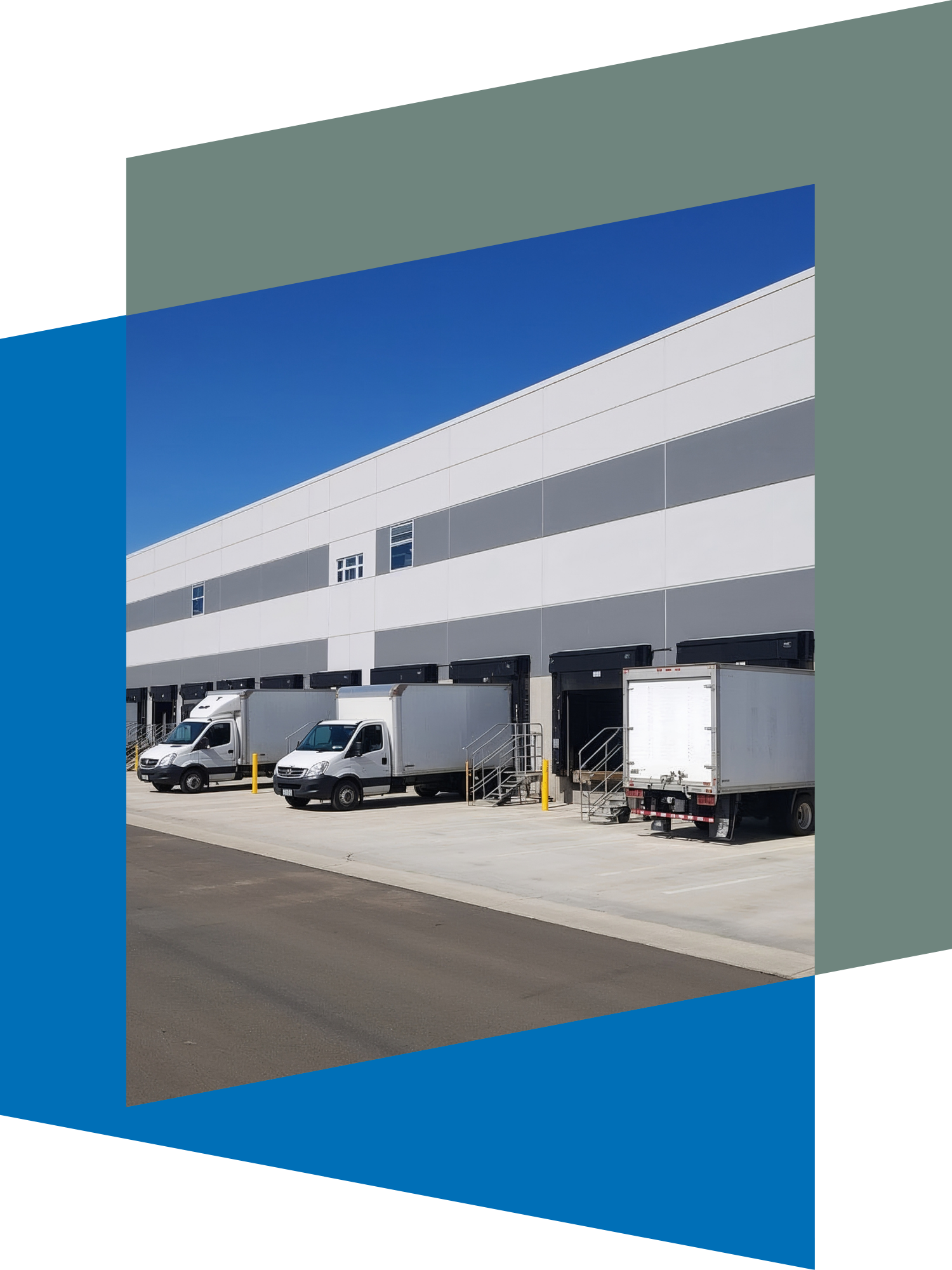 Afbeelding van een magazijn met verschillende dockingsstations. Bij sommige docks staat een vrachtwagen in of uit te laden.