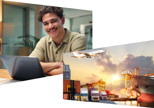 Een jonge persoon zit binnen aan een tafel en werkt glimlachend op een laptop. Daarnaast staat een tweede afbeelding met een haven vol containers, kranen en een vliegtuig dat boven een kleurrijke zonsondergang vliegt.