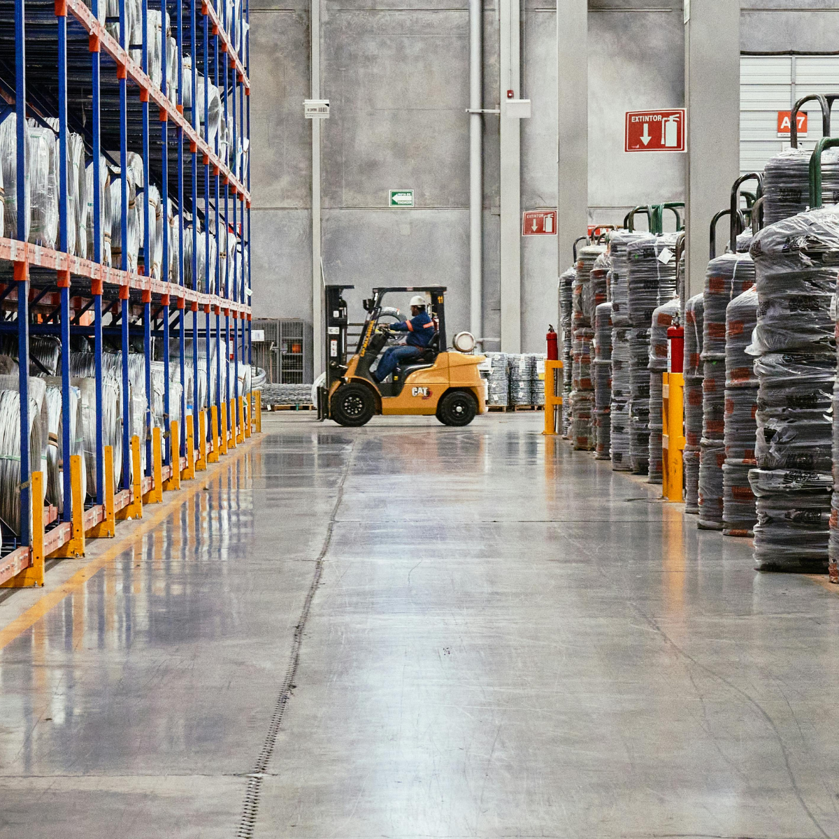 Een heftruck rijdt door een brede gang in een magazijn met hoge stellingen en verpakte goederen.